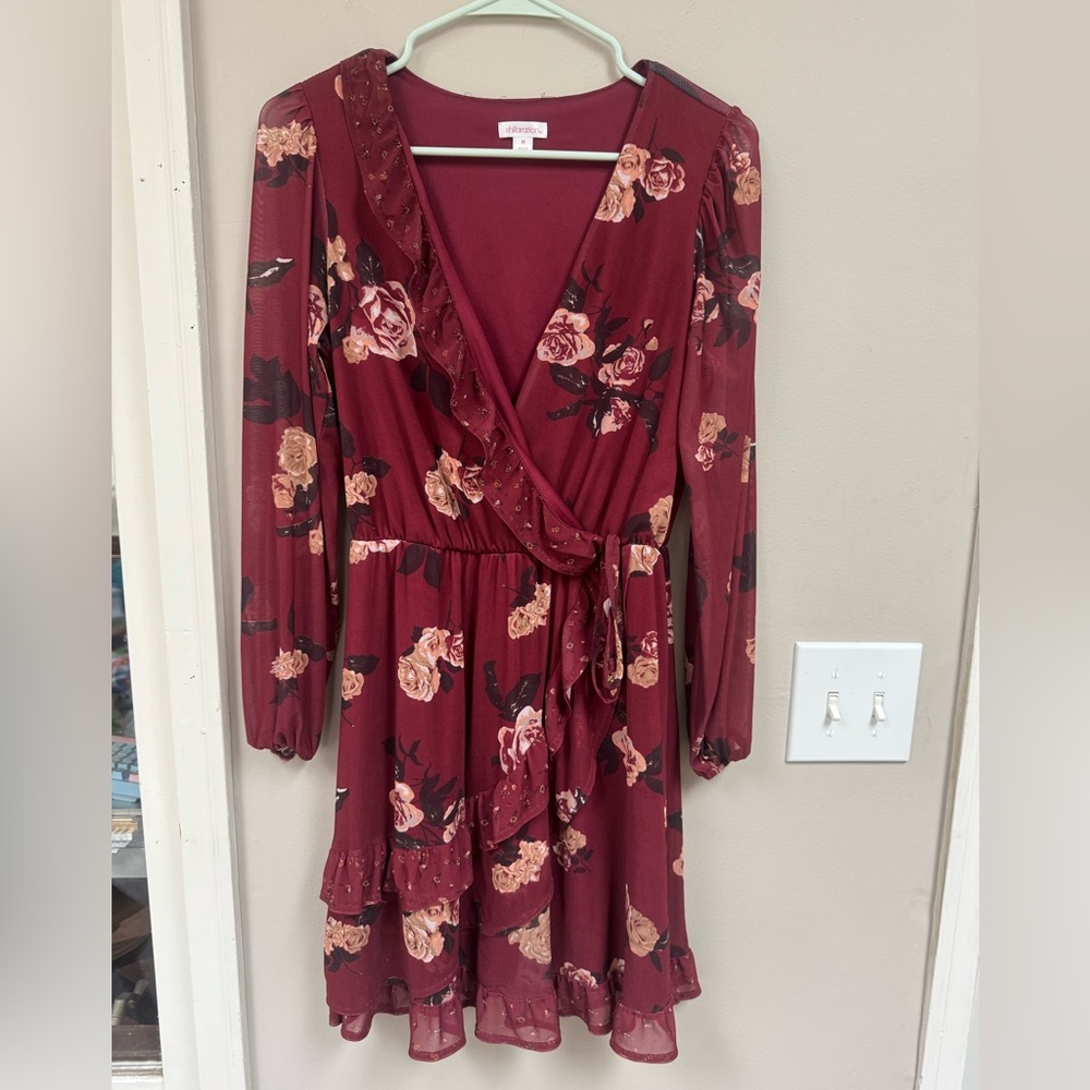 Xhilaration Burgundy Floral Long Sleeve Dress